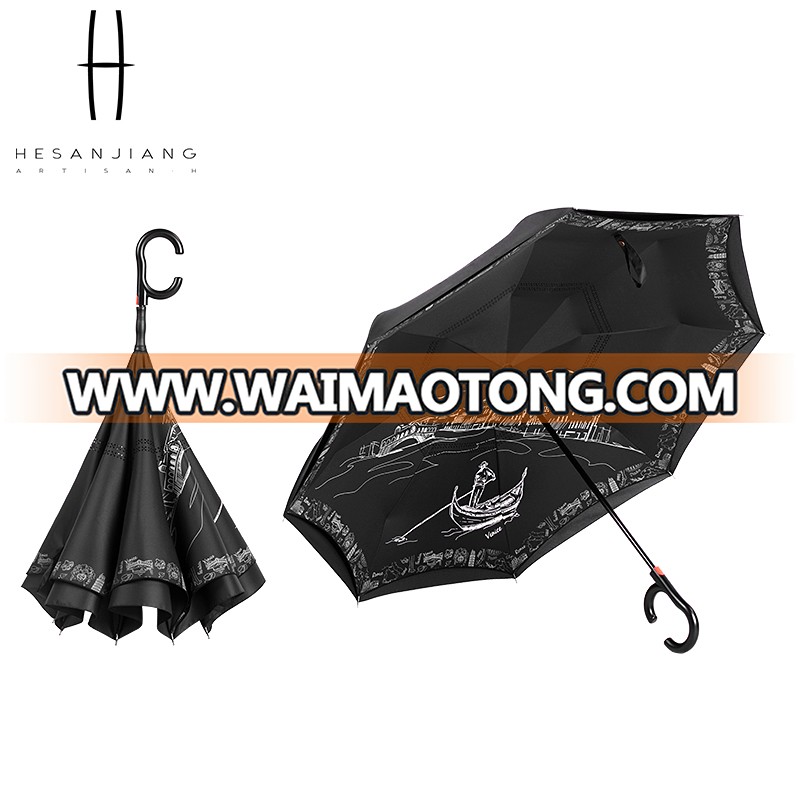 2017 Hot selling High Quality double layer reverse umbrella upside down umbrella with logo printing